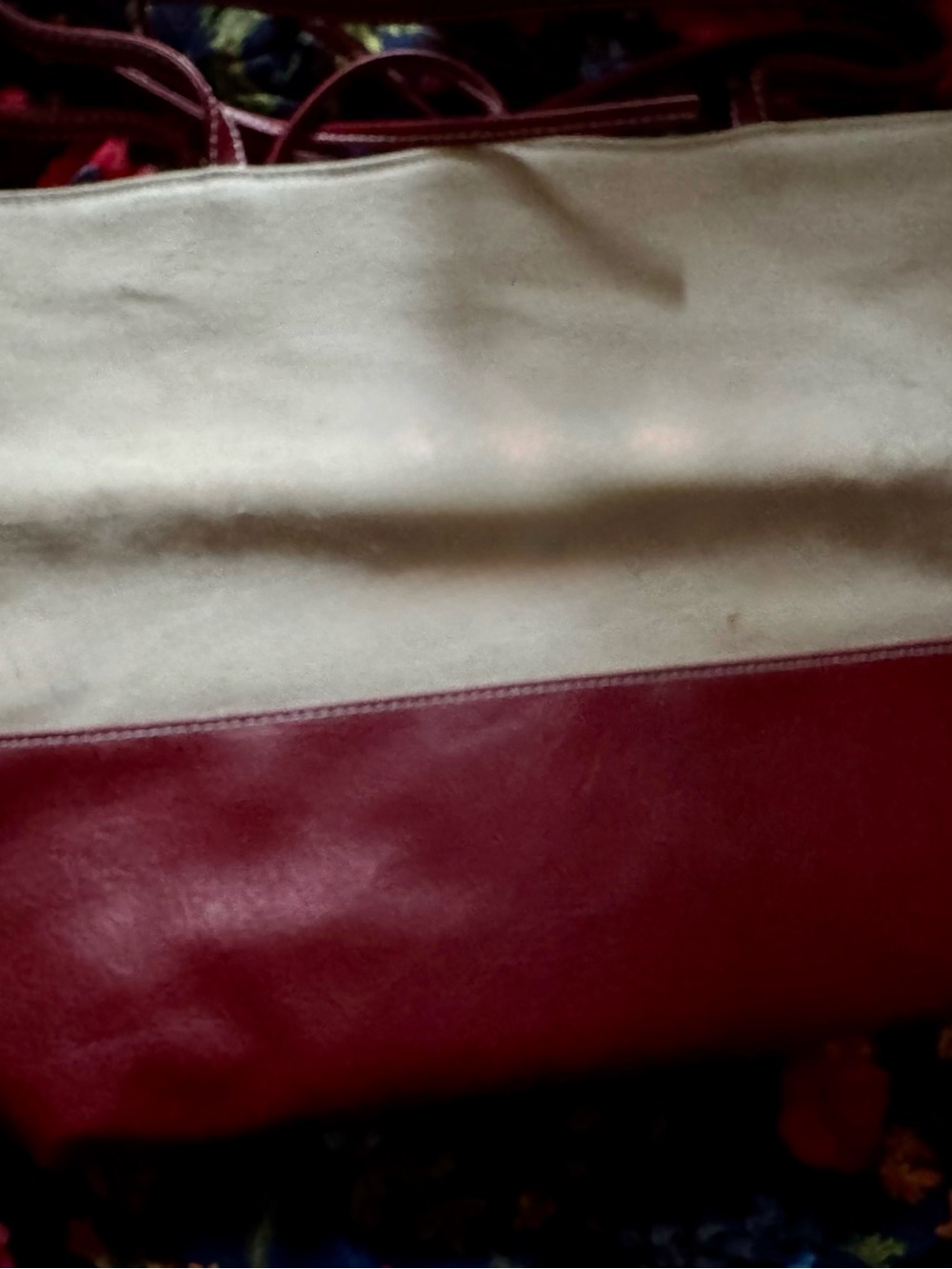 Canvas & Leather Two-Tone Tote Bag in Cream and Burgundy